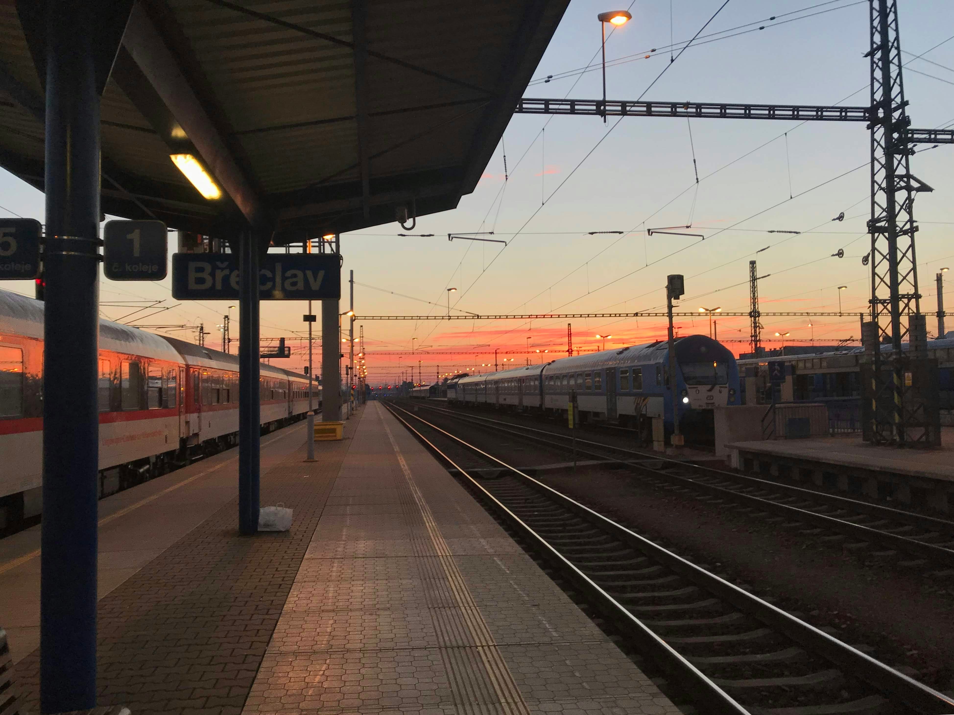 Empty train station during golden hour